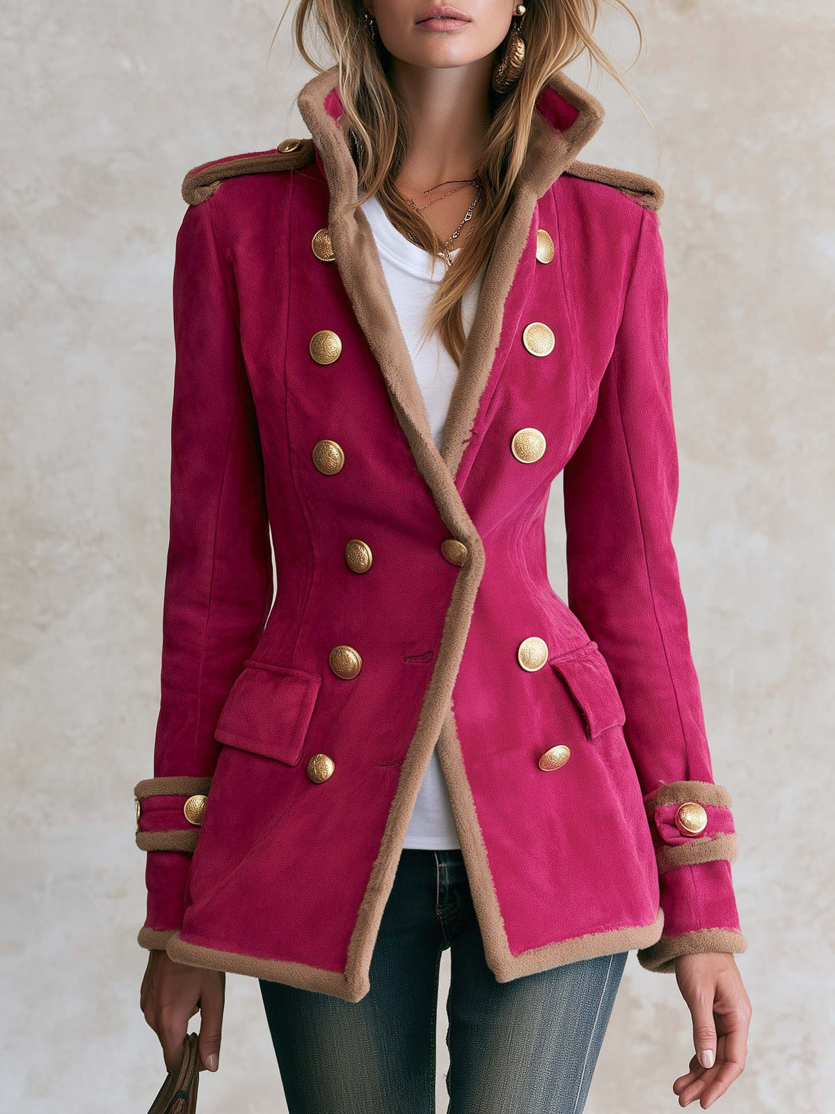 Macarena | Chaqueta militar fucsia de antelina con borrego