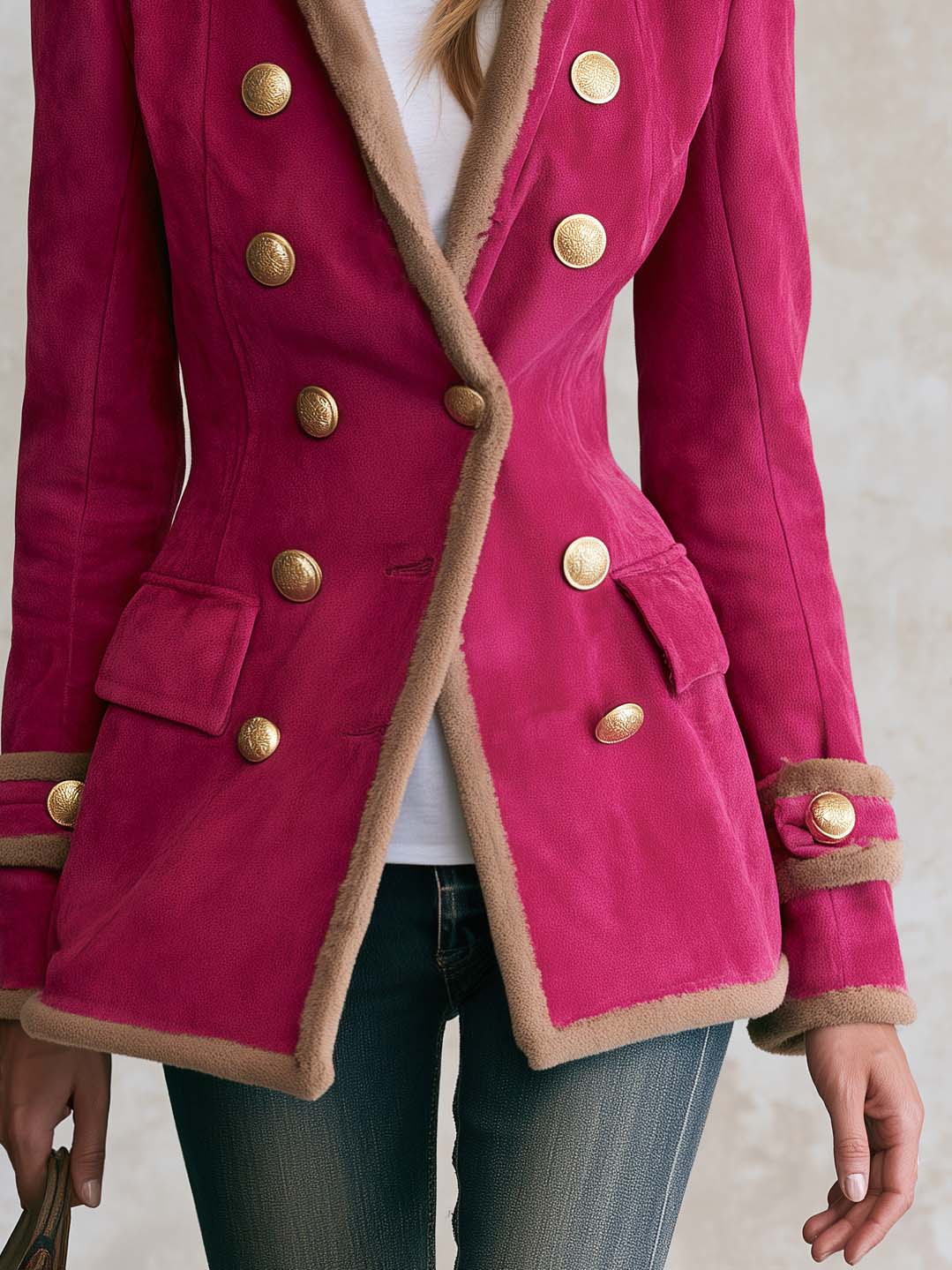 Macarena | Chaqueta militar fucsia de antelina con borrego