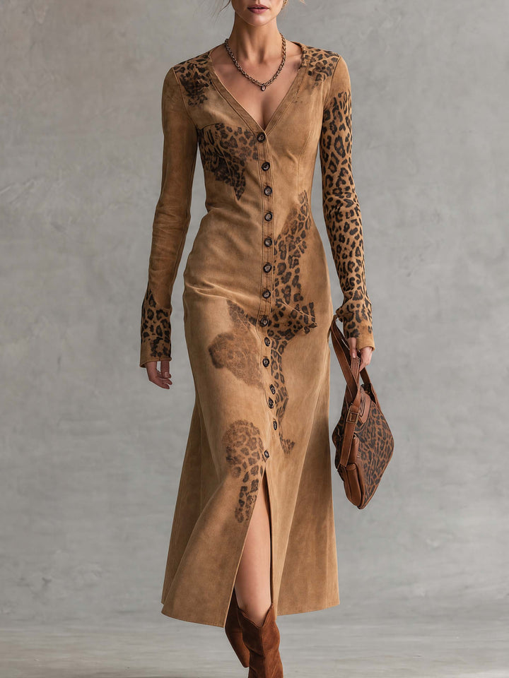 Lola | Vestido midi de antelina con detalles de leopardo