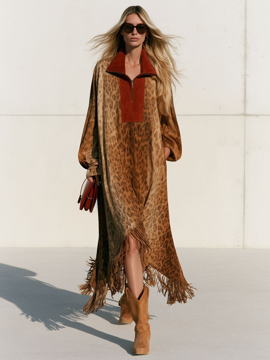 Fátima | Vestido midi de antelina con leopardo y flecos
