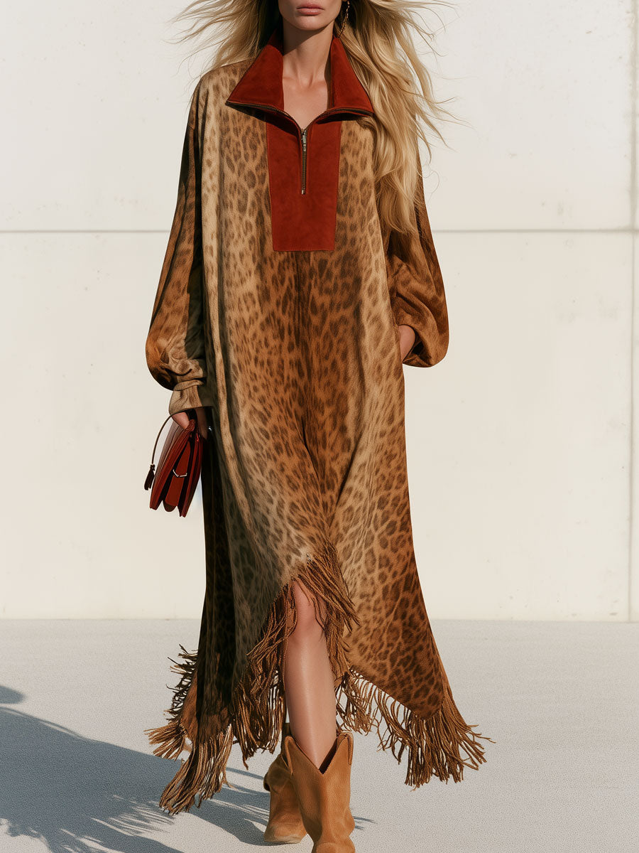 Fátima | Vestido midi de antelina con leopardo y flecos