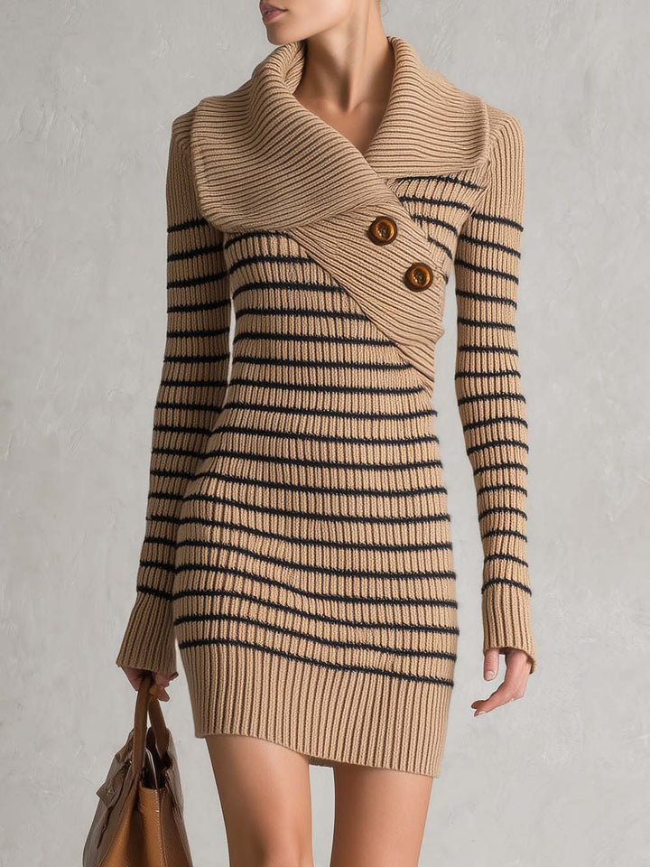Paula | Vestido corto de punto a rayas con cuello chal