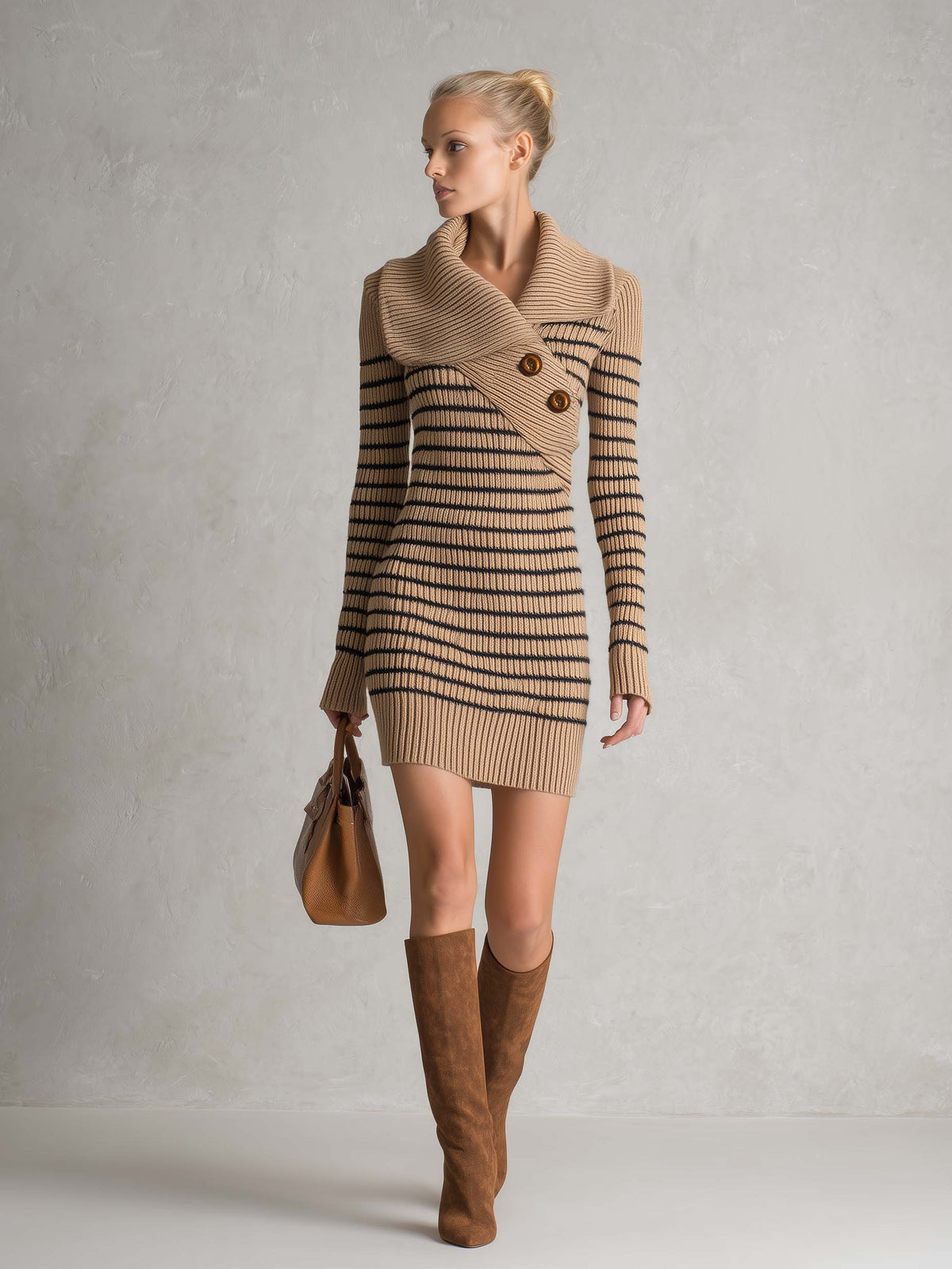 Paula | Vestido corto de punto a rayas con cuello chal