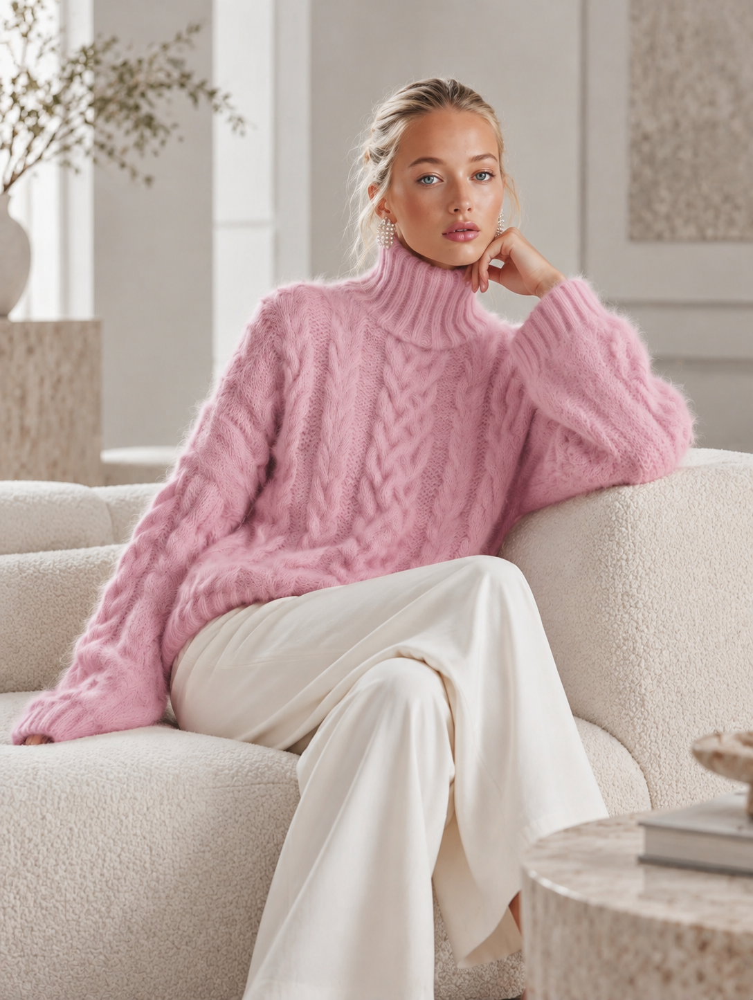 Elena | Jersey rosa de ochos con cuello vuelto