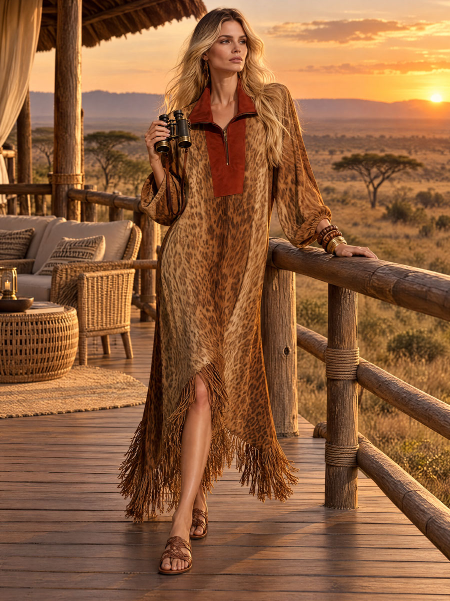Fátima | Vestido midi de antelina con leopardo y flecos