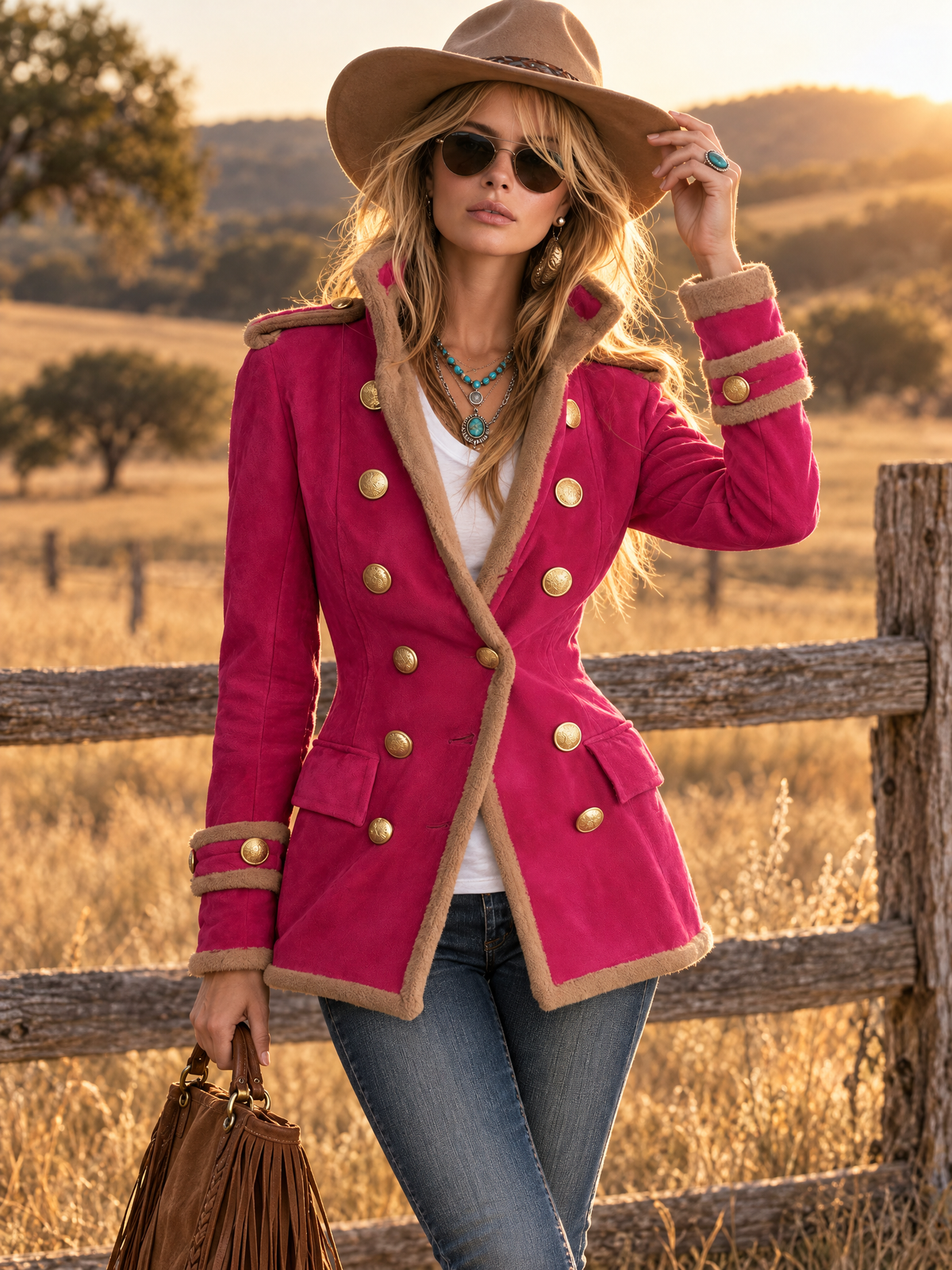 Macarena | Chaqueta militar fucsia de antelina con borrego