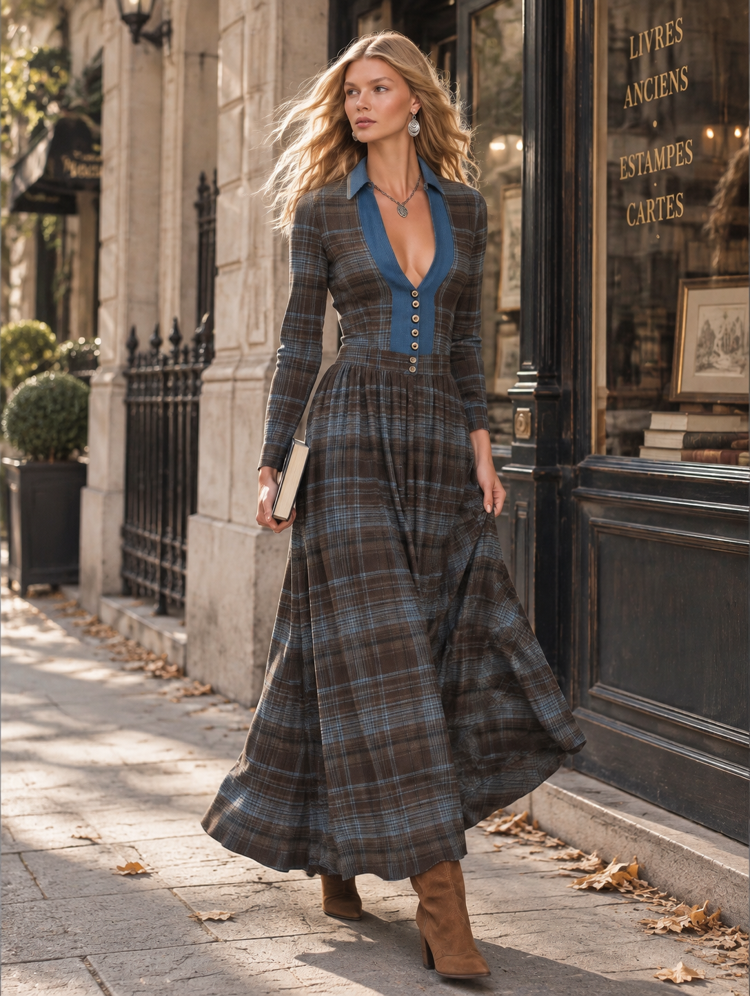 Sofía | Vestido largo de cuadros con cuello vaquero