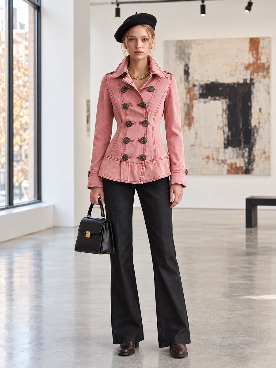 Asun | Cazadora vaquera rosa cruzada con peplum