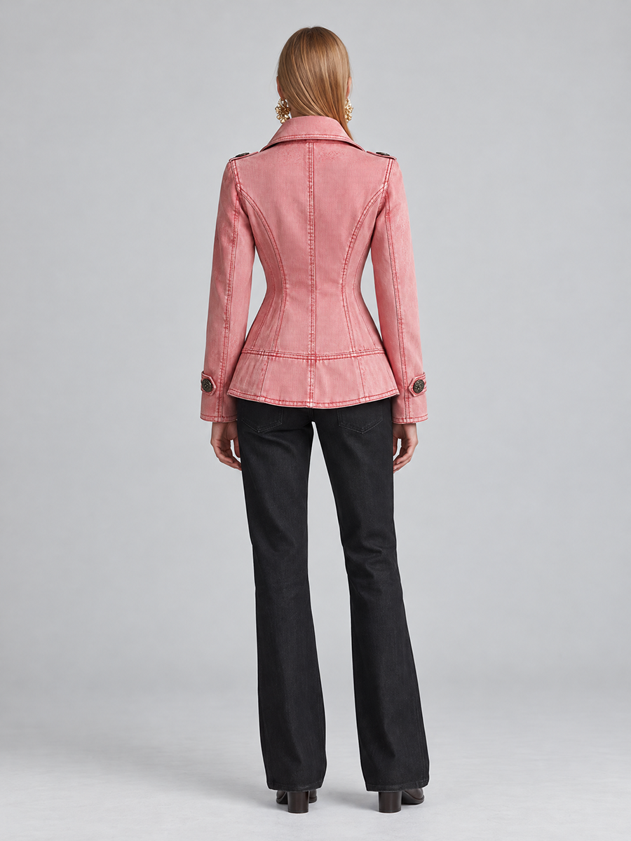 Asun | Cazadora vaquera rosa cruzada con peplum